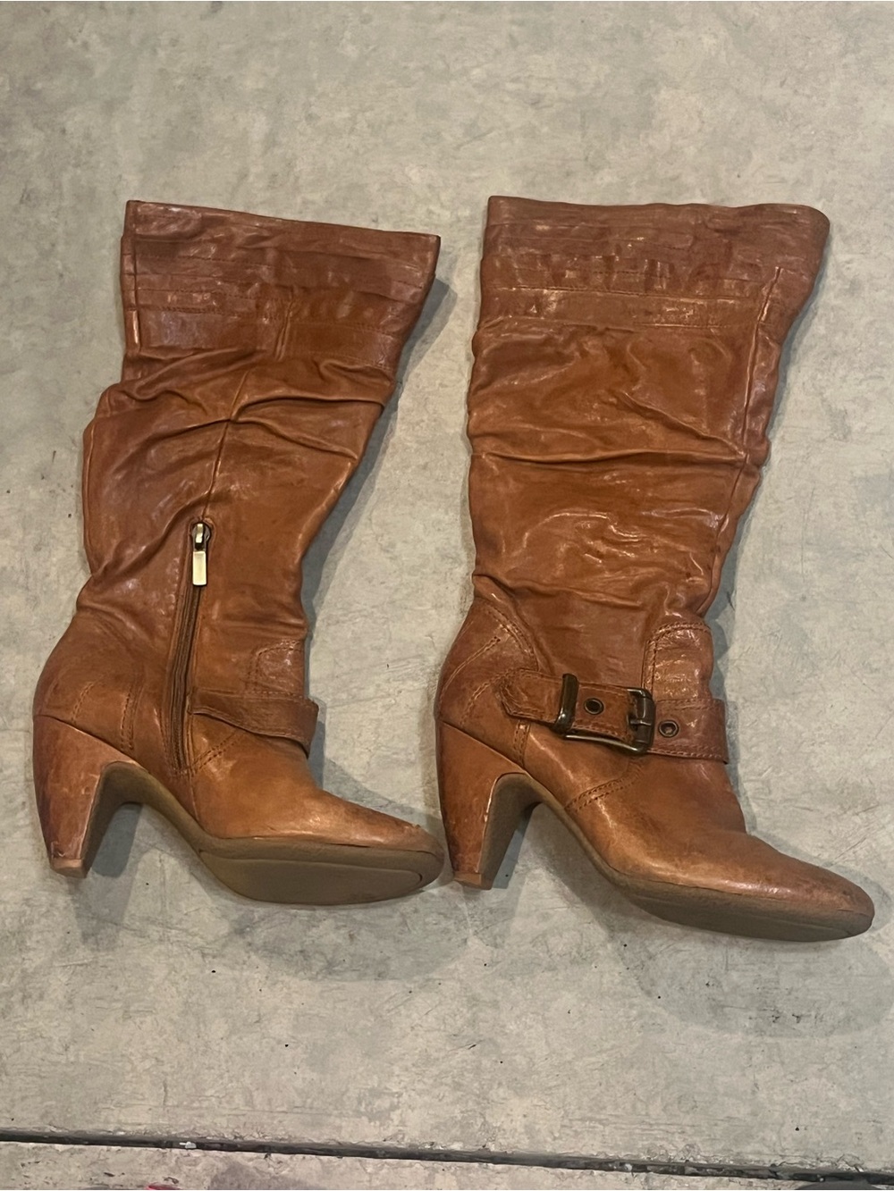 Women's Brown Leather Slouch Boot with Buckle Accent
